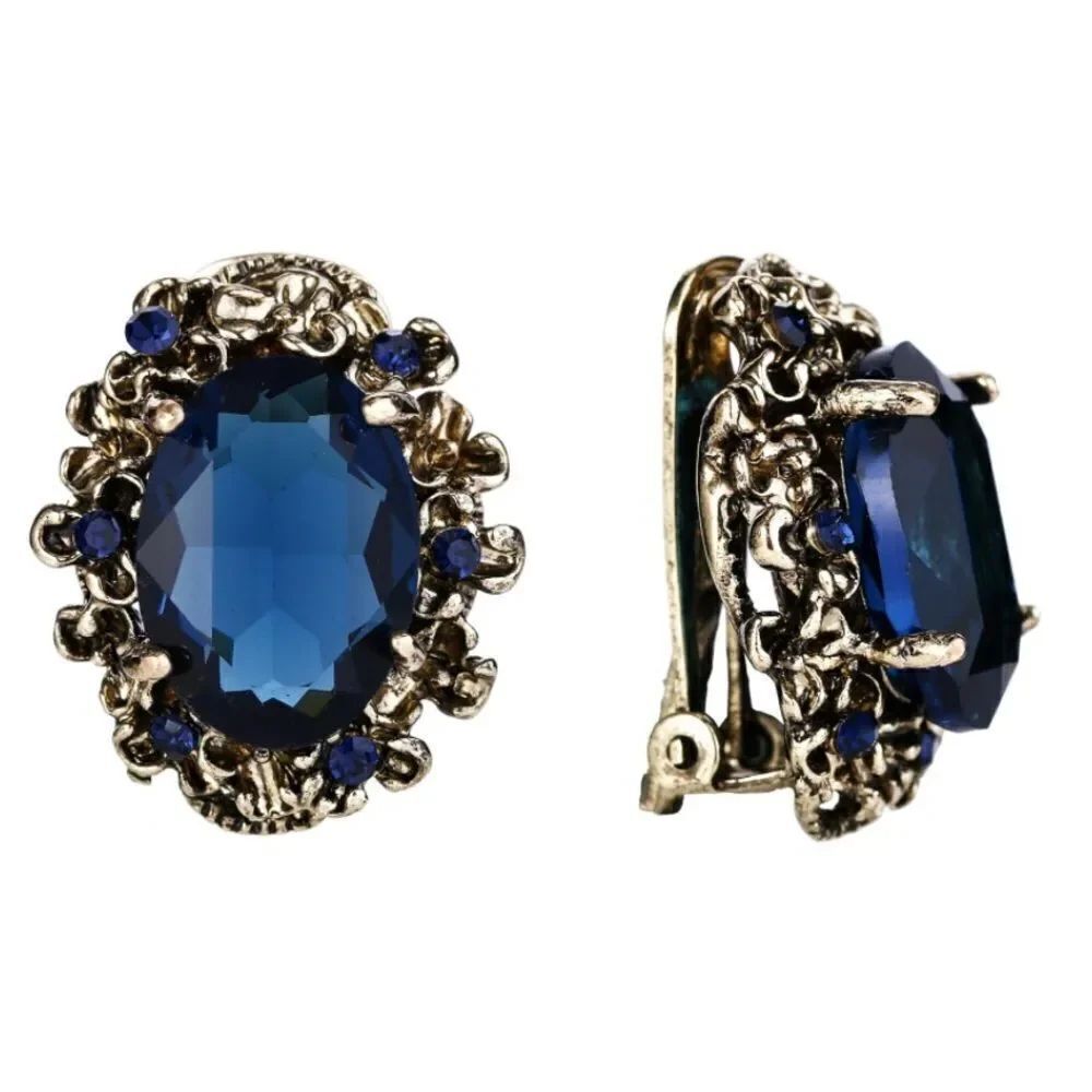 Antique Yellow Gold with Blue Sapphire Austrian Crystal Cameo Clip On Earrings